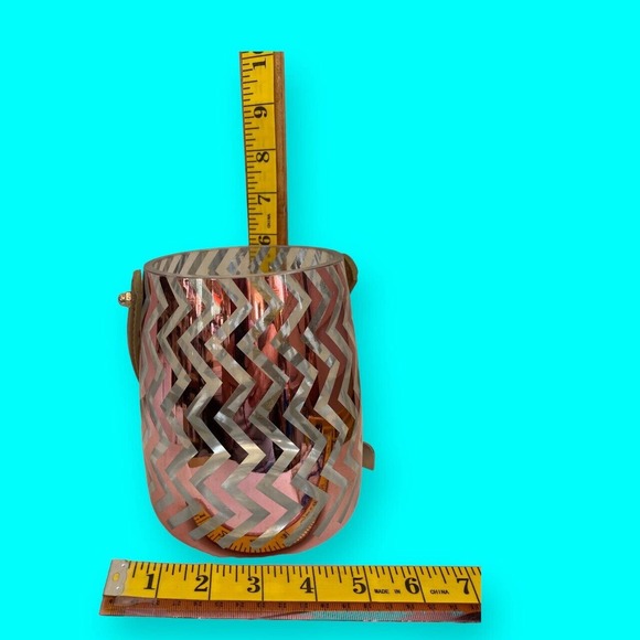 Vintage Leather Handled Glass Ice Bucket Gold Metallic Vertical Zigzag Chevron - Picture 8 of 8